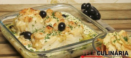 Bacalhau gratinado com camarão