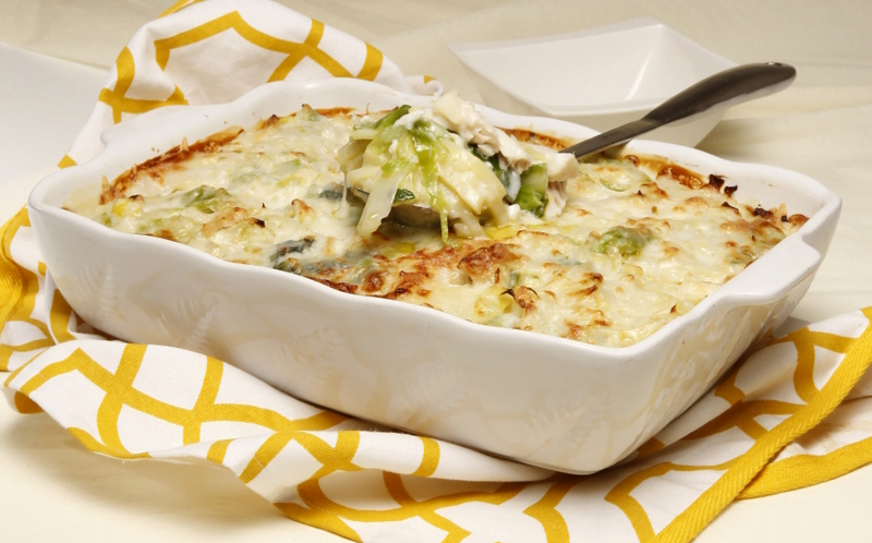 Gratinado de peixe e legumes cozidos