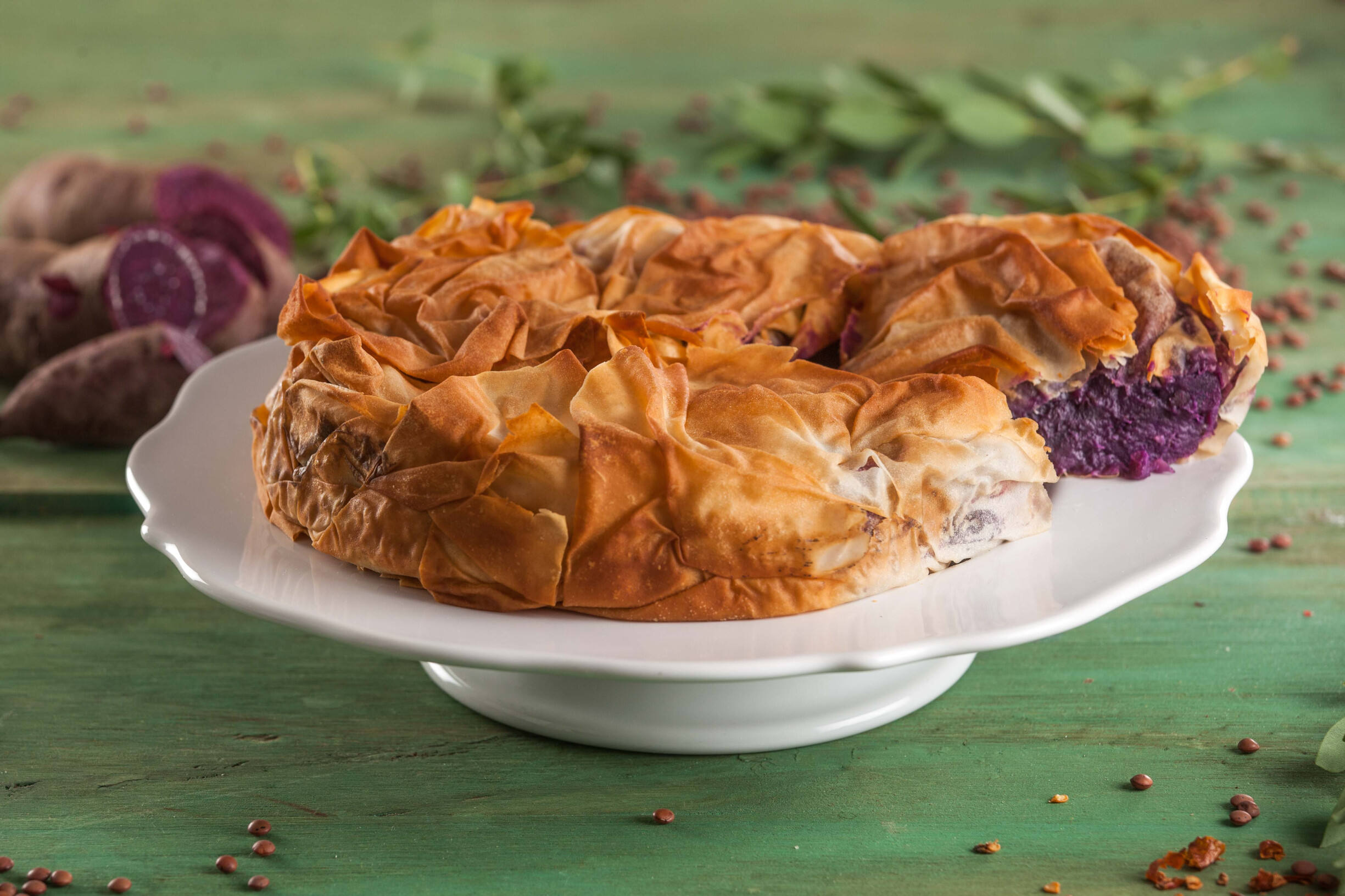 Tarte de batata-doce roxa e lentilhas