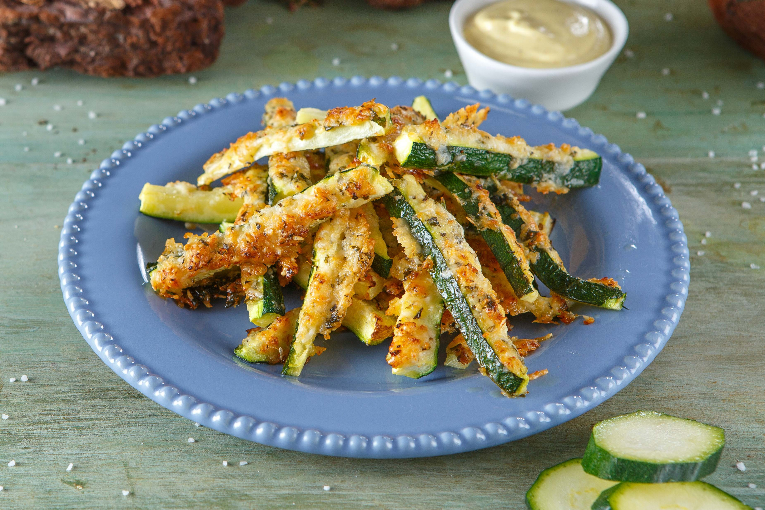 Curgete com parmesão e maionese de caril