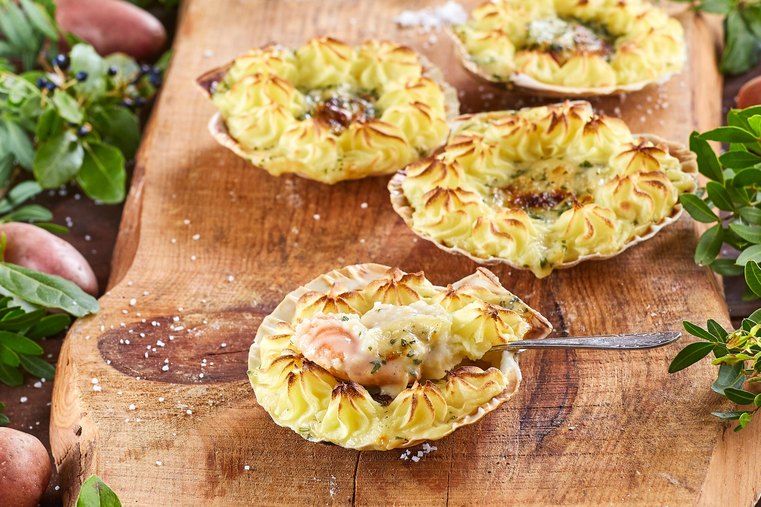 Vieiras gratinadas com puré