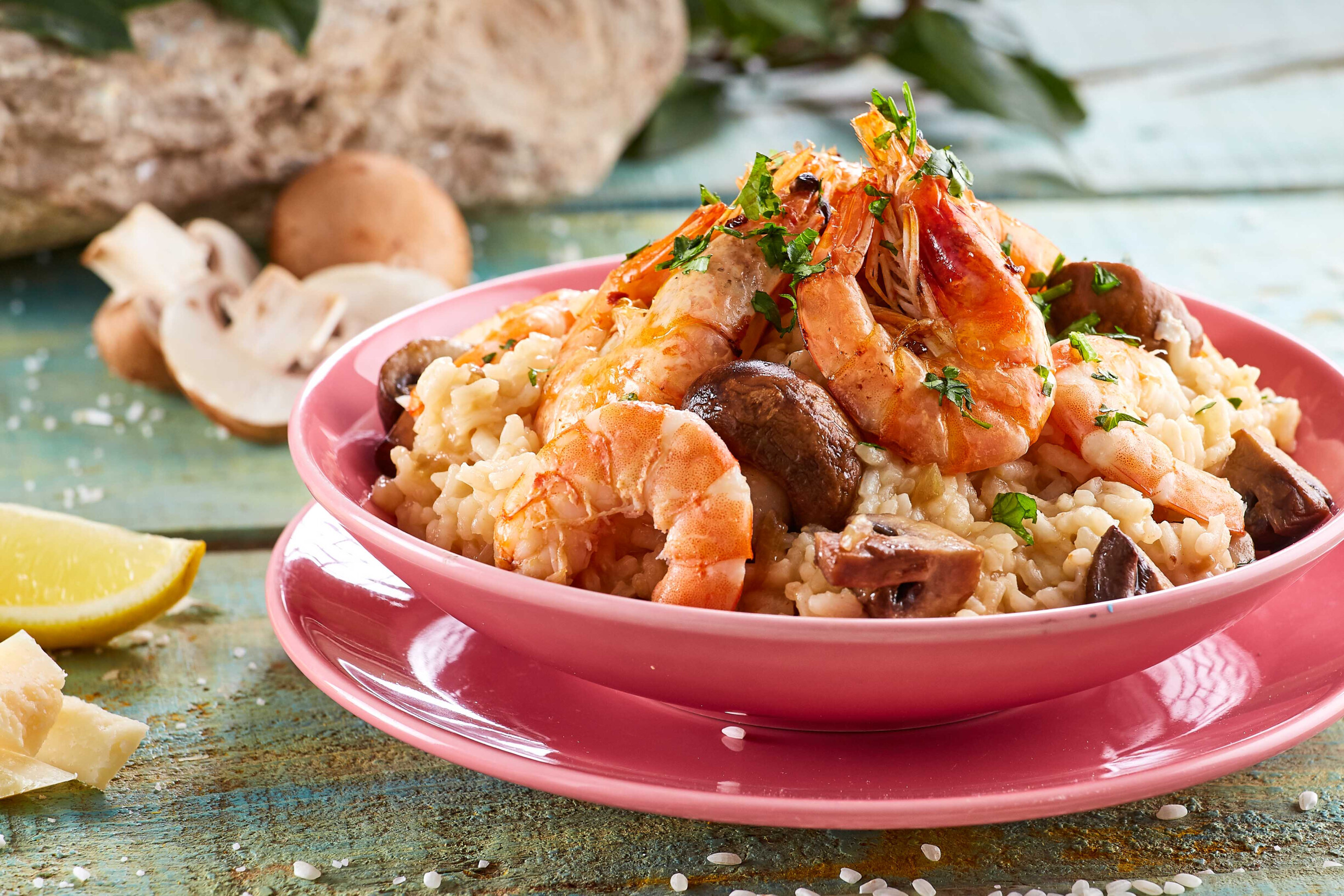 Risoto de camarão e cogumelos