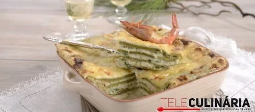 Lasanha de bacalhau com camarões