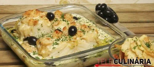 Bacalhau gratinado com camarão