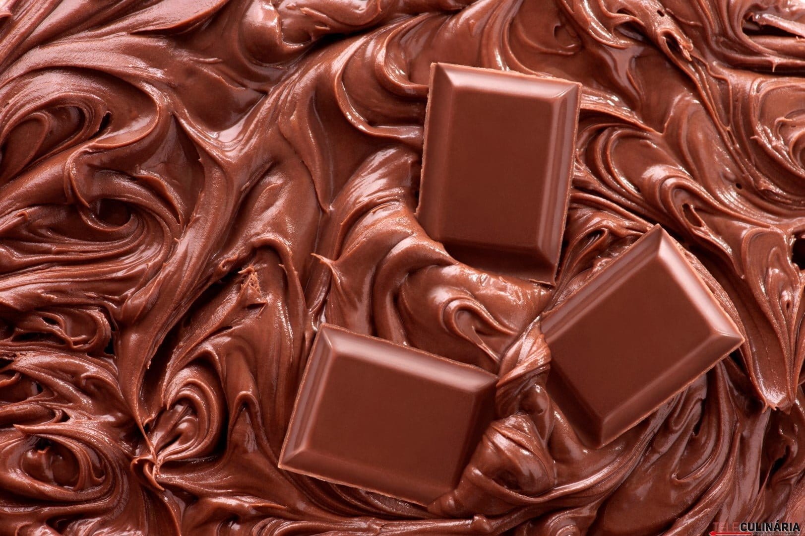 Close up of molten chocolate and pieces of chocolate bar