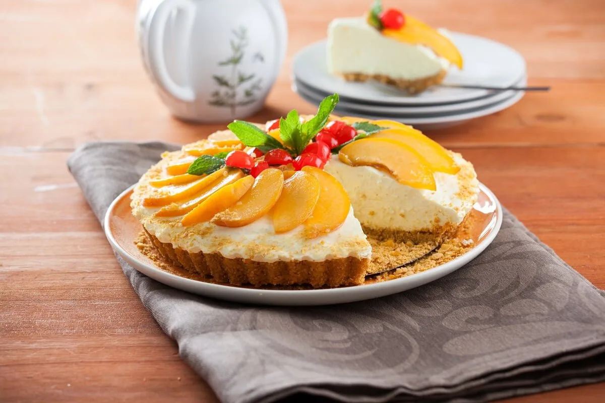 Tarte de flocos de cereais e pêssego