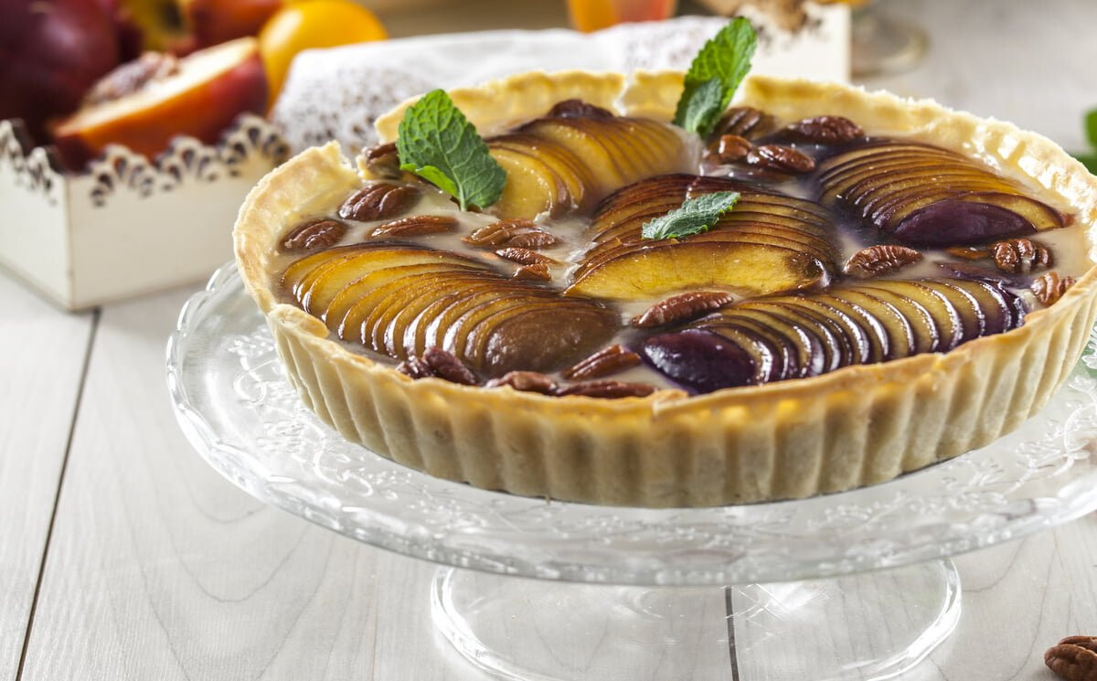 Tarte de pêssegos e noz pecan