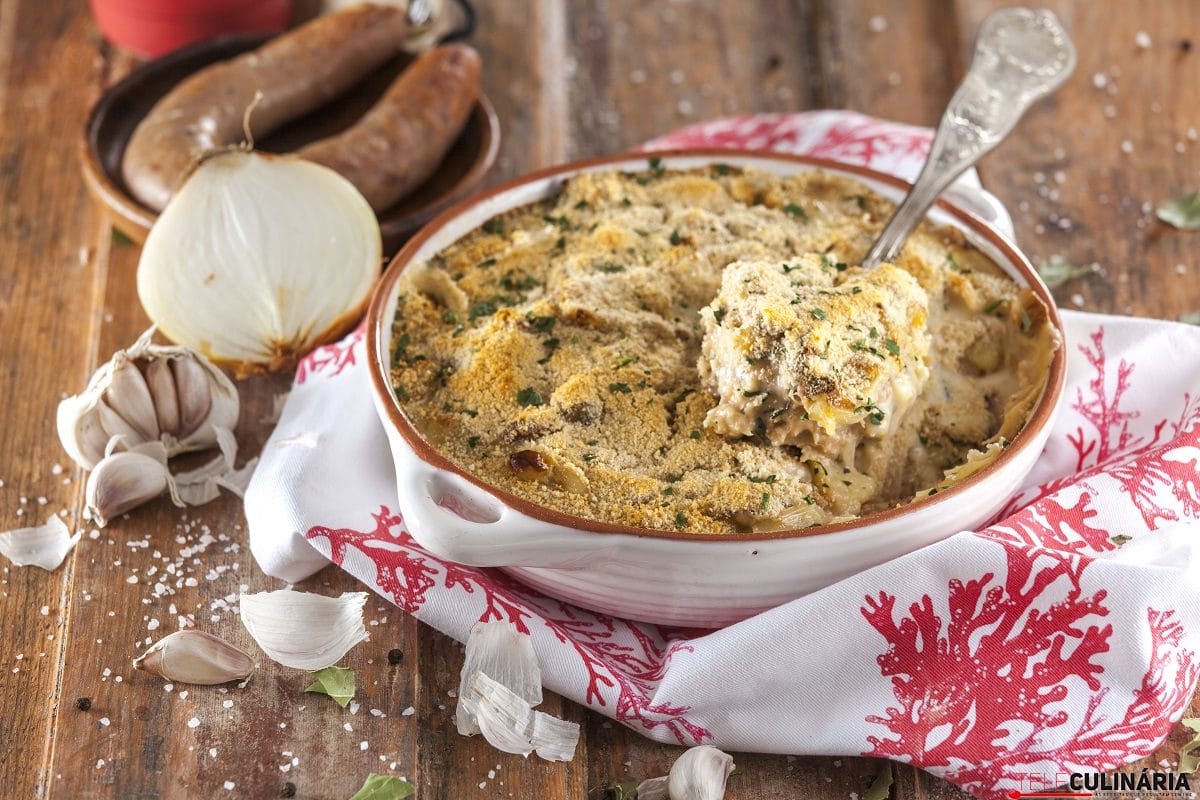 Receita de bacalhau com alheira gratinado