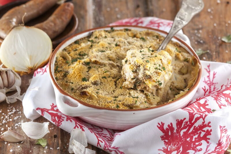 Receita de bacalhau com alheira gratinado