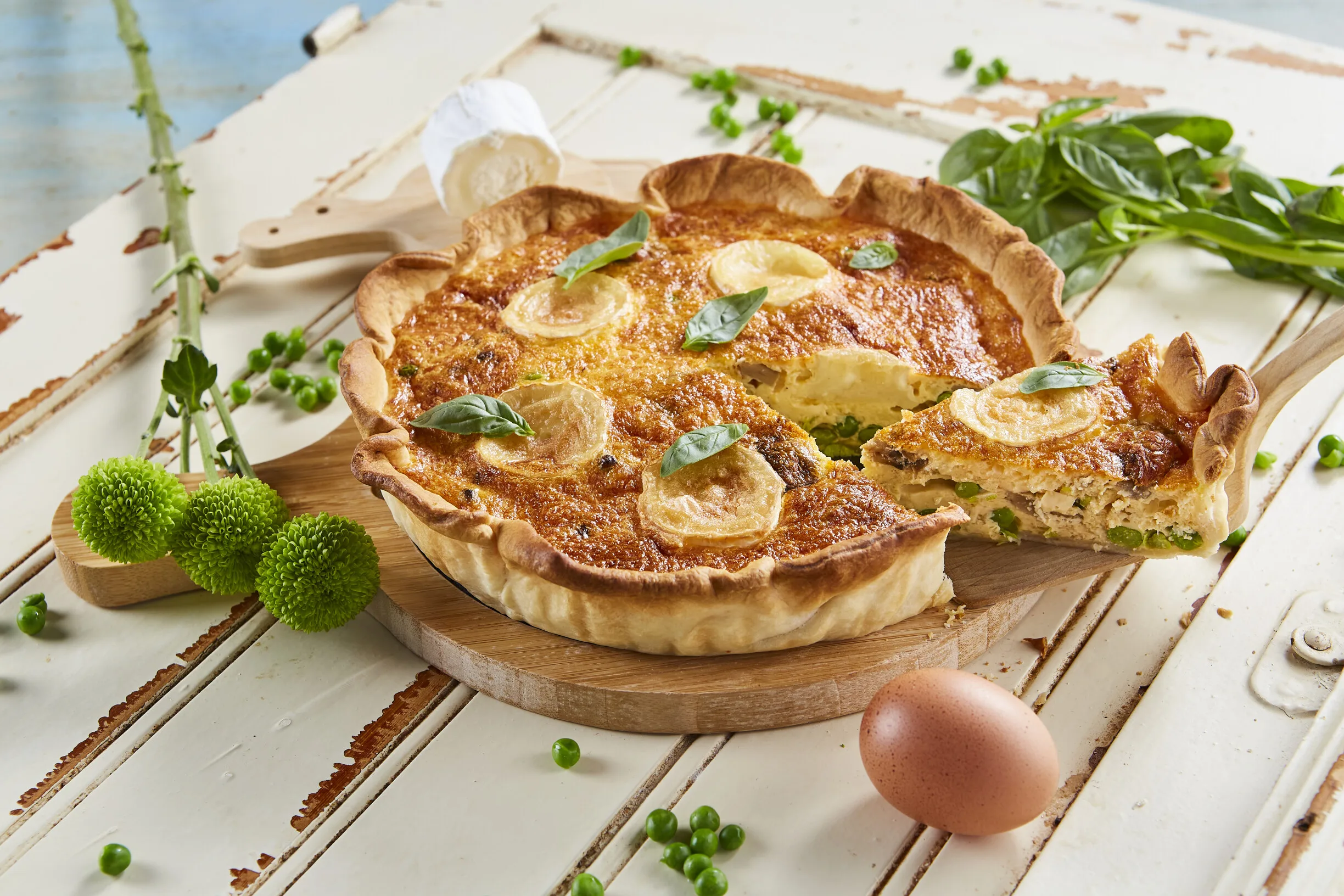 Quiche de cogumelos com ervilhas e queijo de cabra
