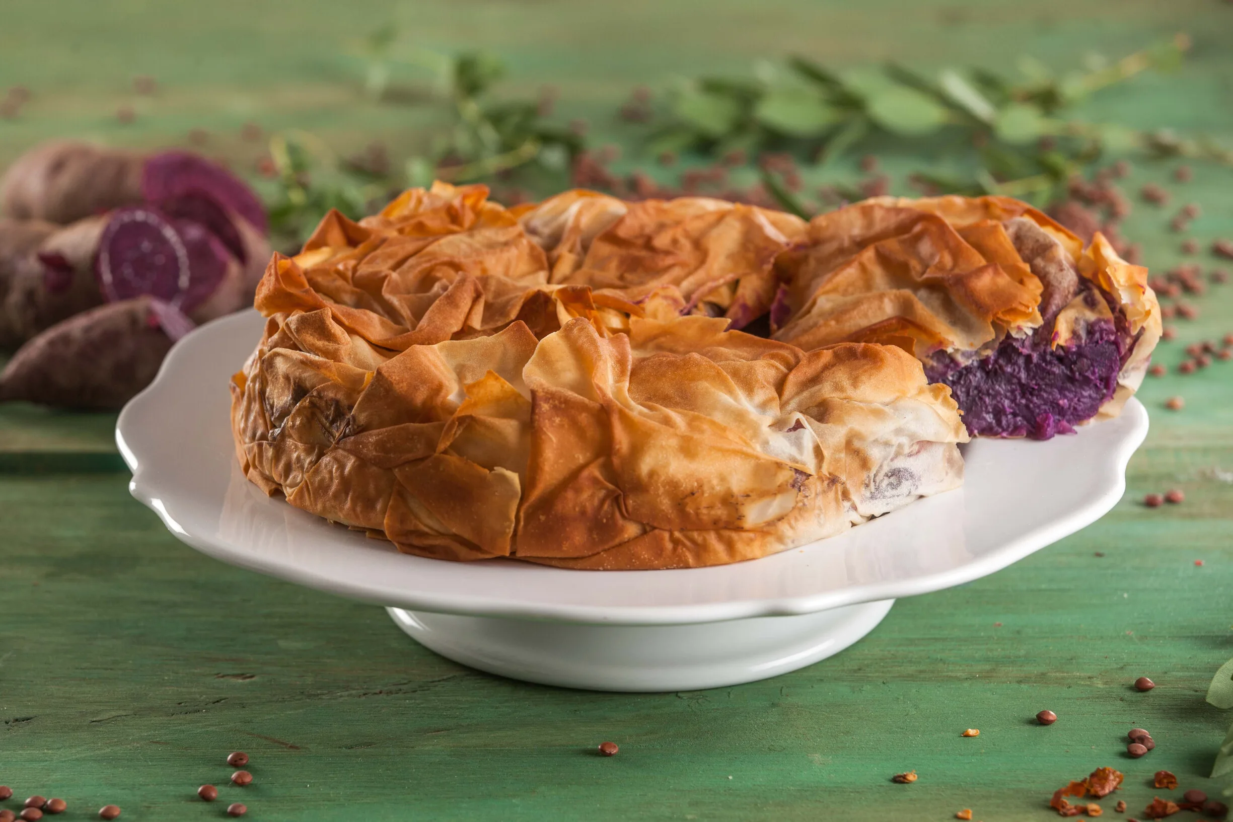 Tarte de batata-doce roxa e lentilhas