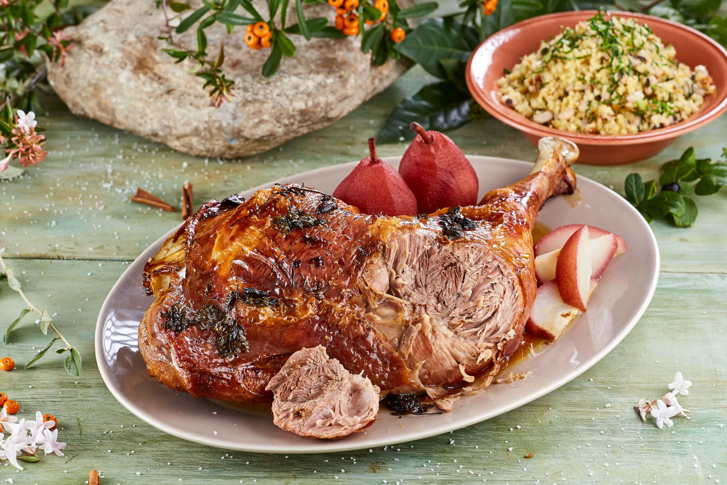 Perna de peru com peras bêbedas