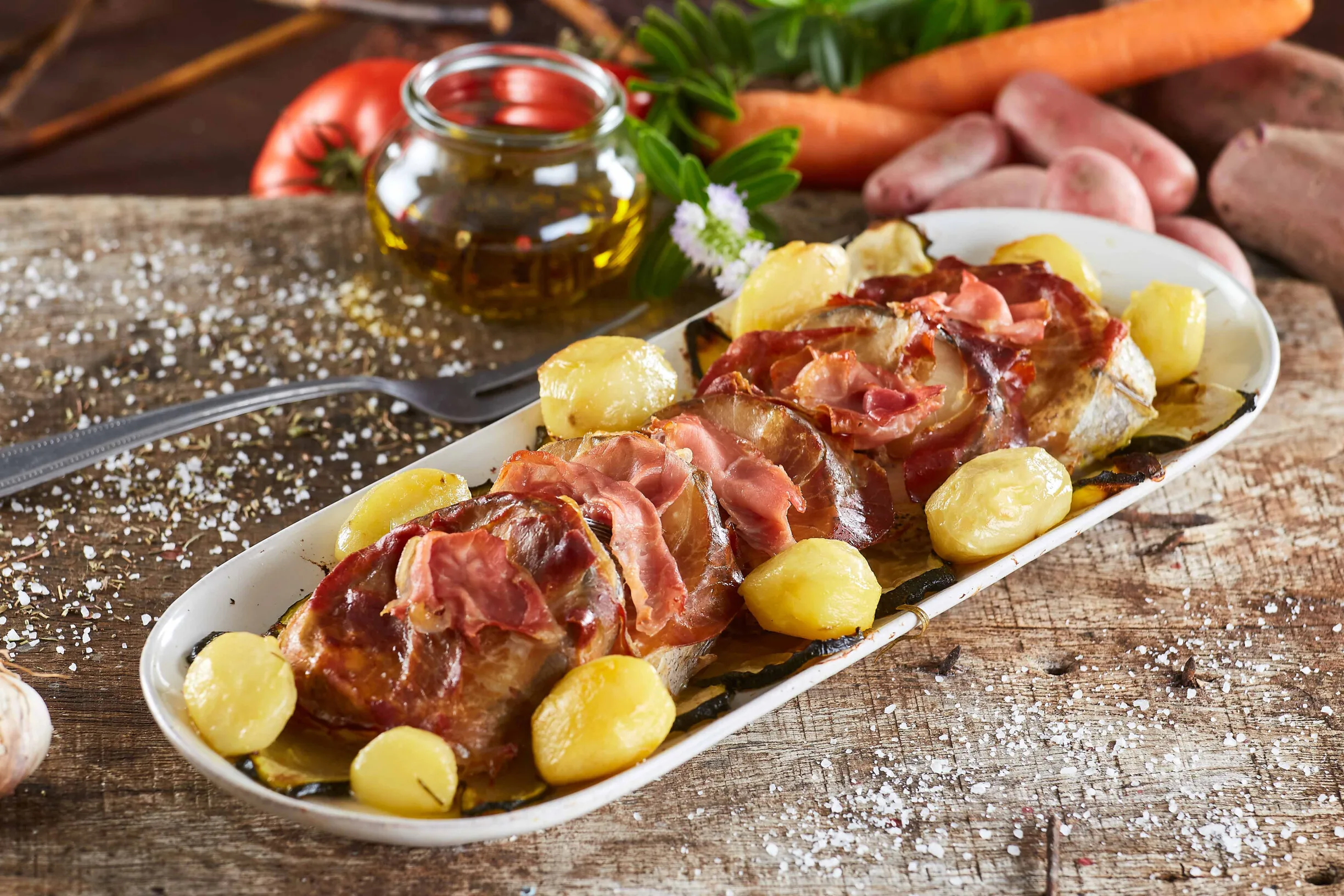 Pescada com presunto no forno