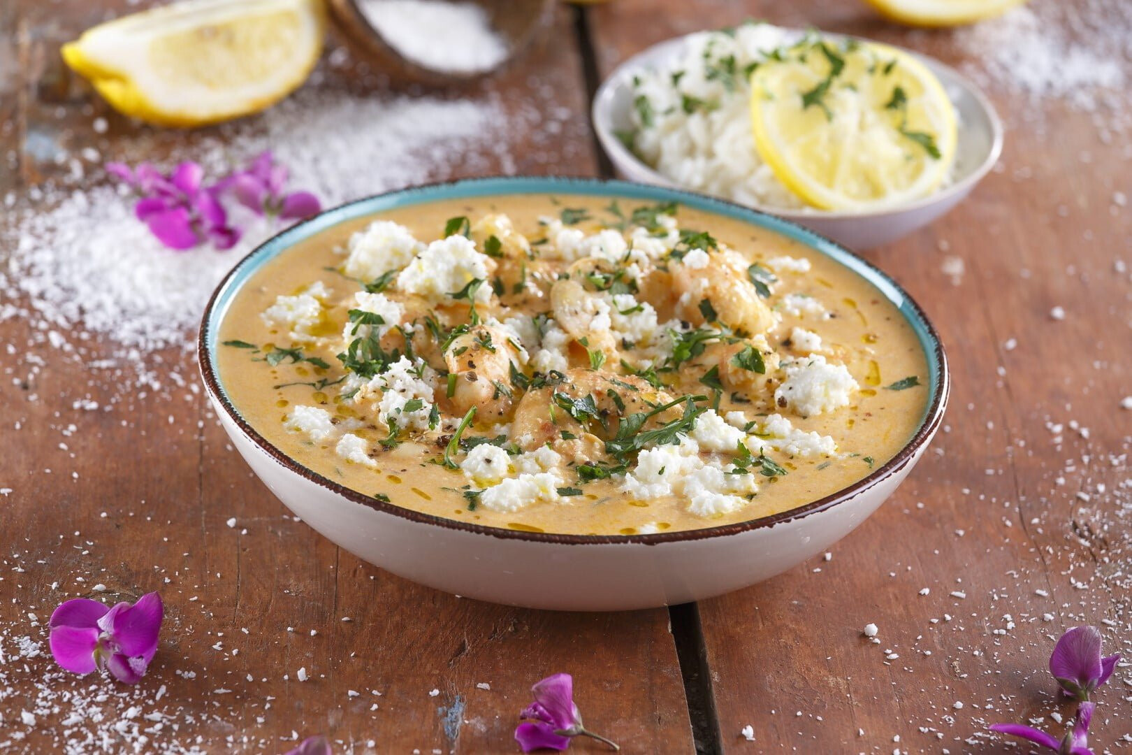 Gambas com leite de coco e arroz de limão