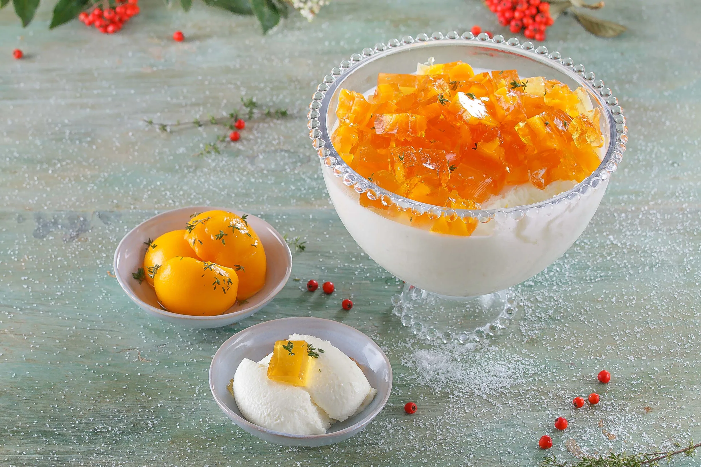 Semifrio de pêssego e orégãos