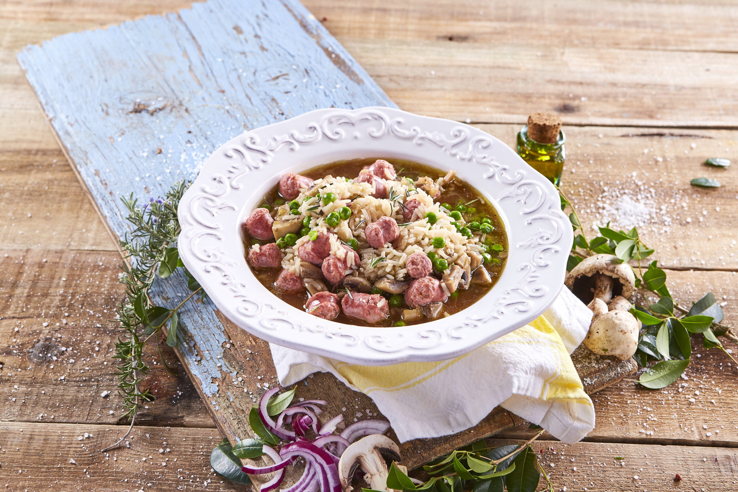 Arroz Pilaf de salsicha e cerveja