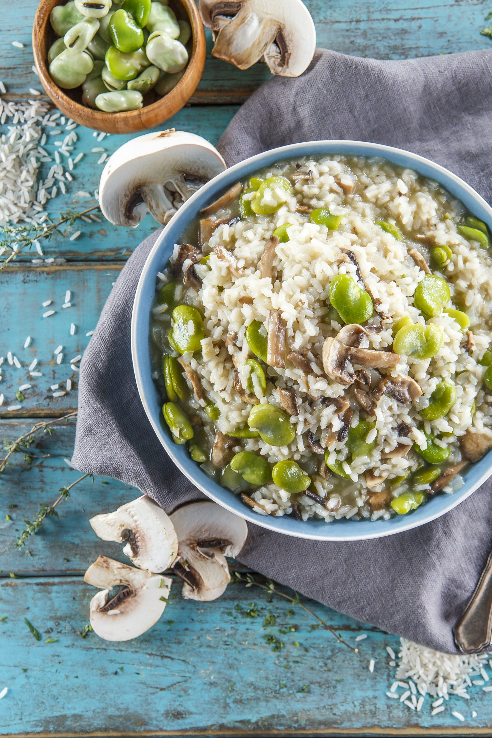 Arroz cremoso de favas e cogumelos