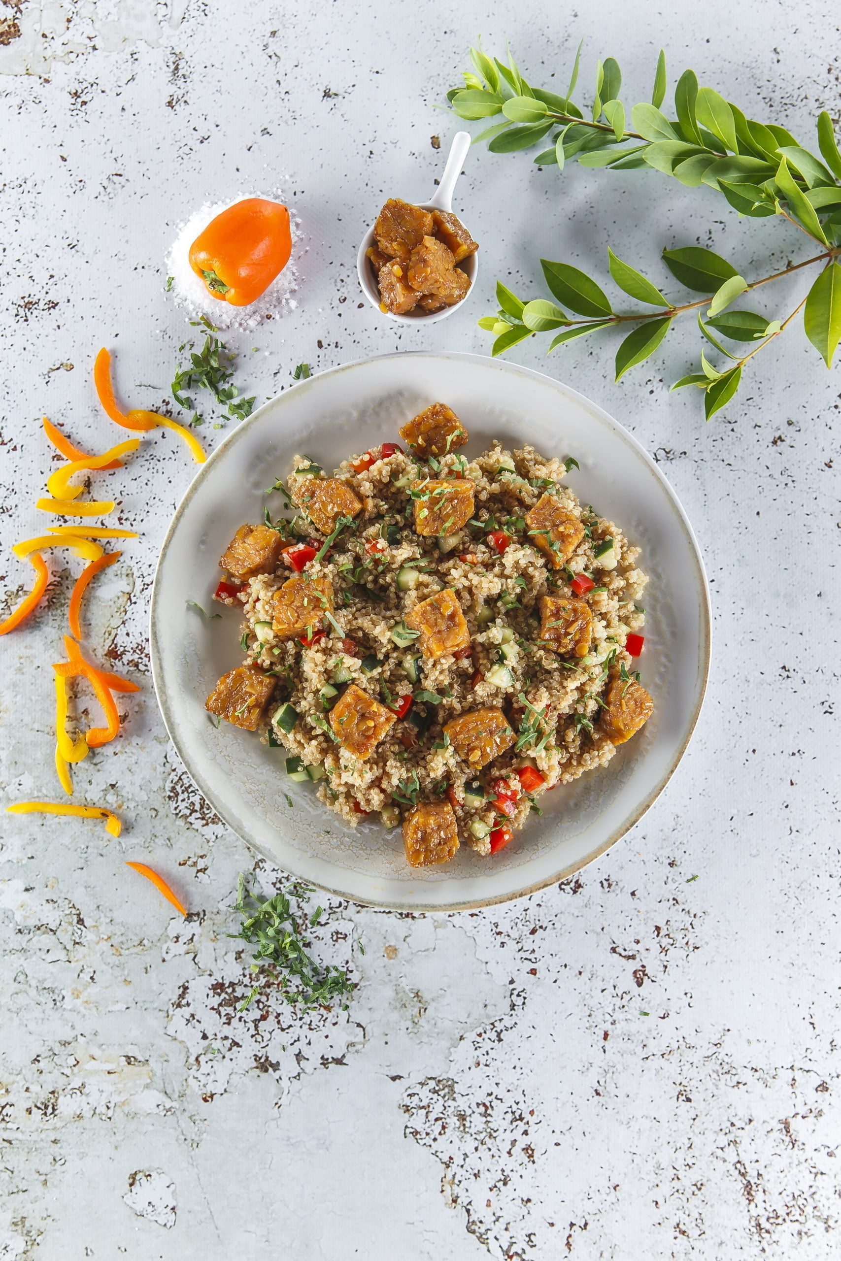 Tempeh caramelizado com quinoa