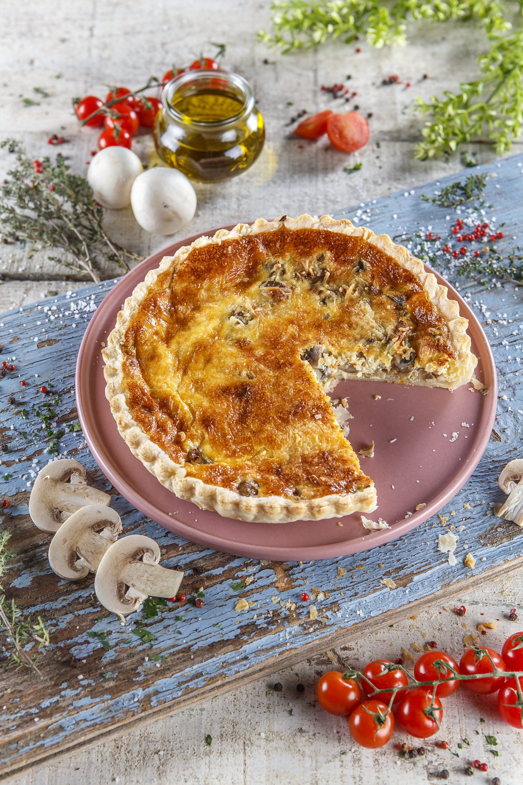 Quiche de cogumelos e alcachofras