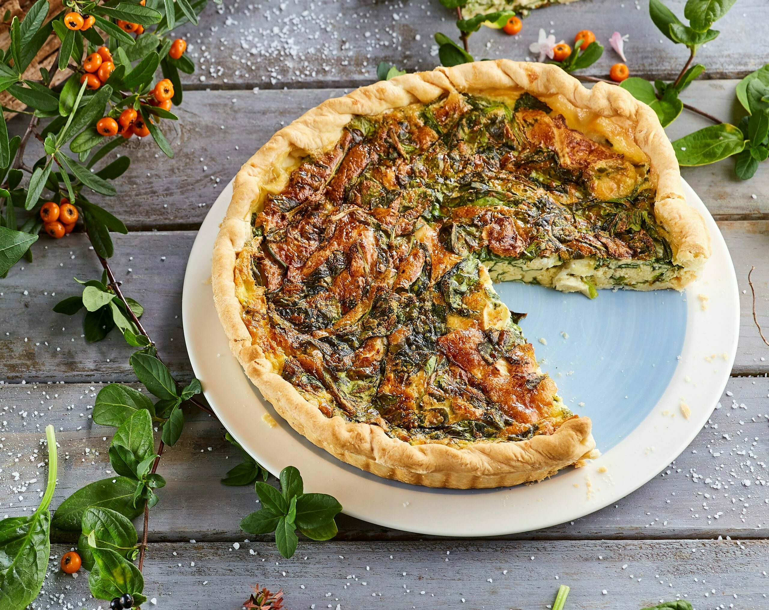 Quiche de queijo de cabra e espinafres