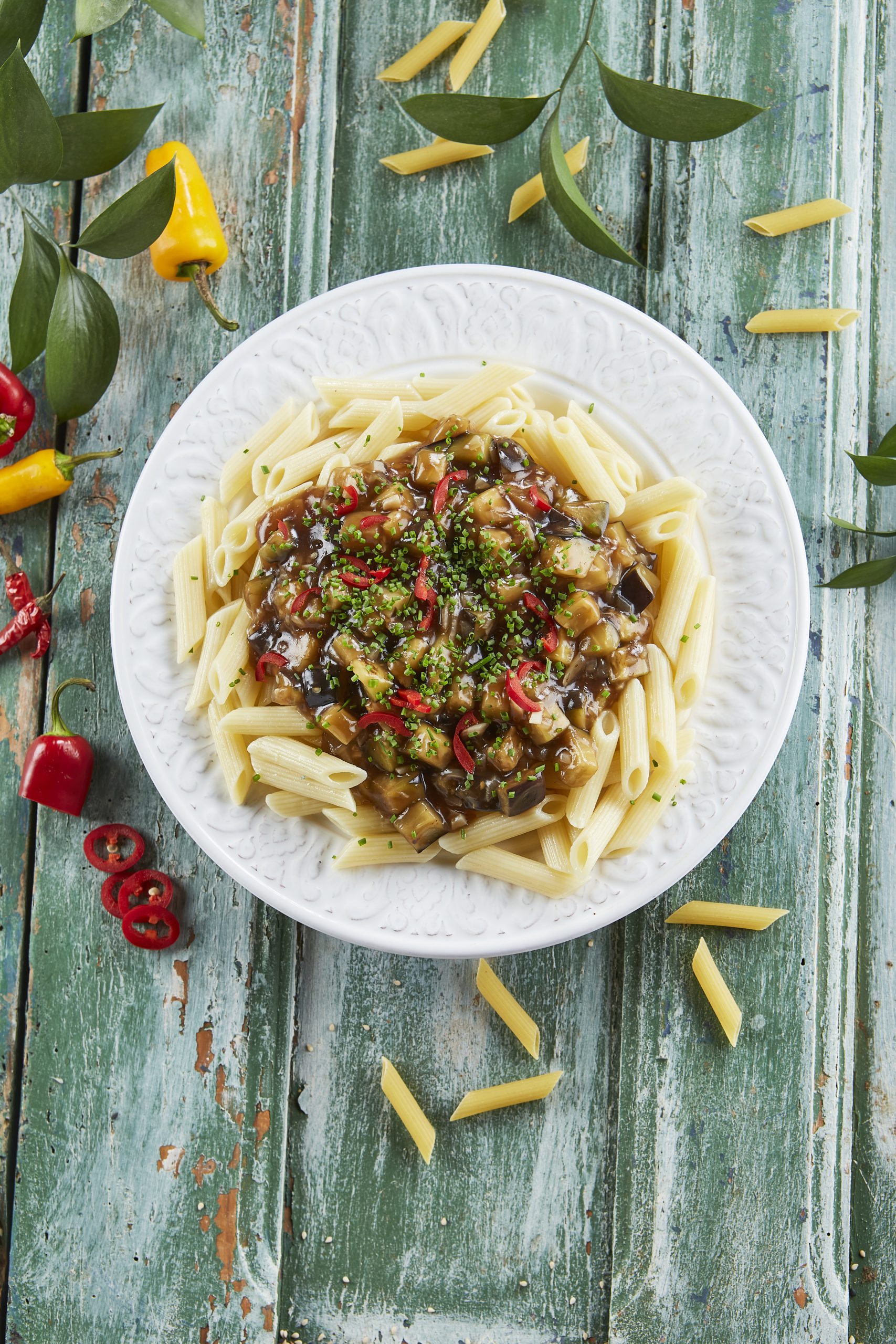 Massa rigatoni de beringela e malagueta