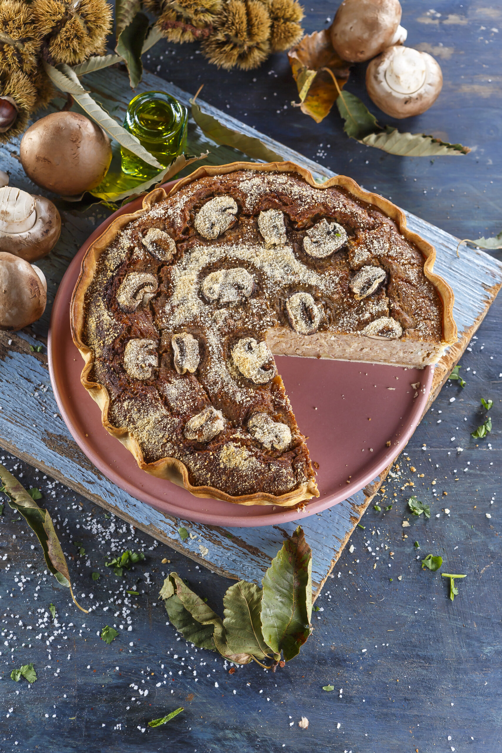 Tarte de castanhas e cogumelos