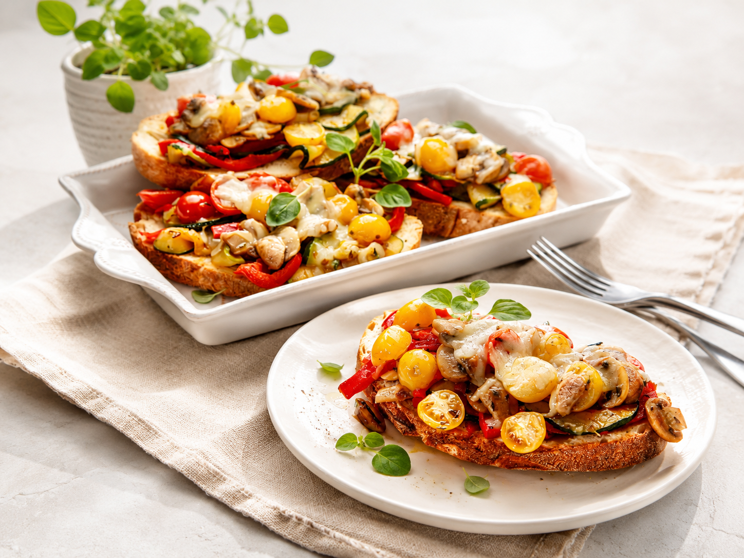 Bruschetta de legumes e mozzarella