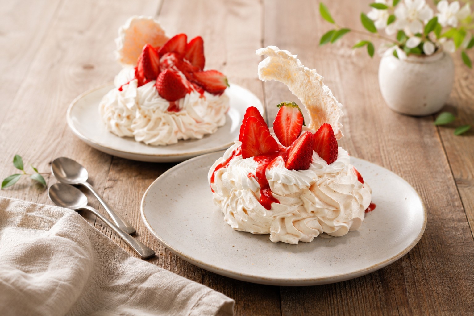 Pavlova de morangos com coulis de frutos vermelhos