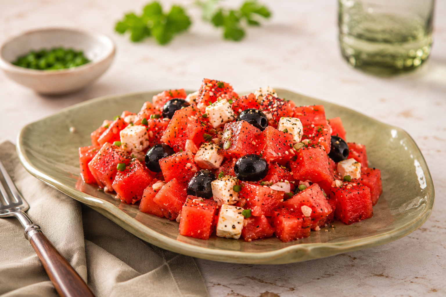 Salada de melancia com queijo feta
