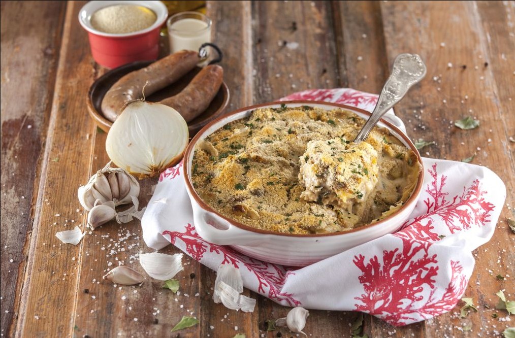 Bacalhau com alheira gratinado