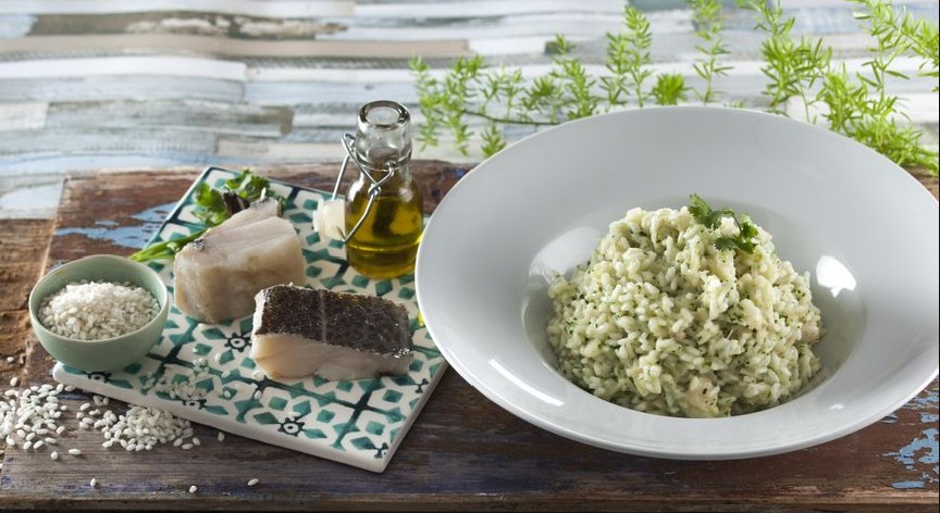 Risoto de bacalhau e ervas frescas